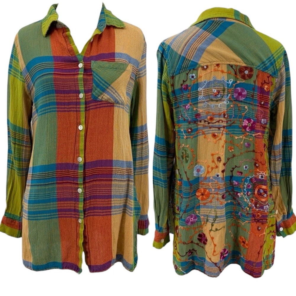 Soft Surroundings Embroidered Plaid Button Down Tunic Gauzy‎ Cotton & Linen XS